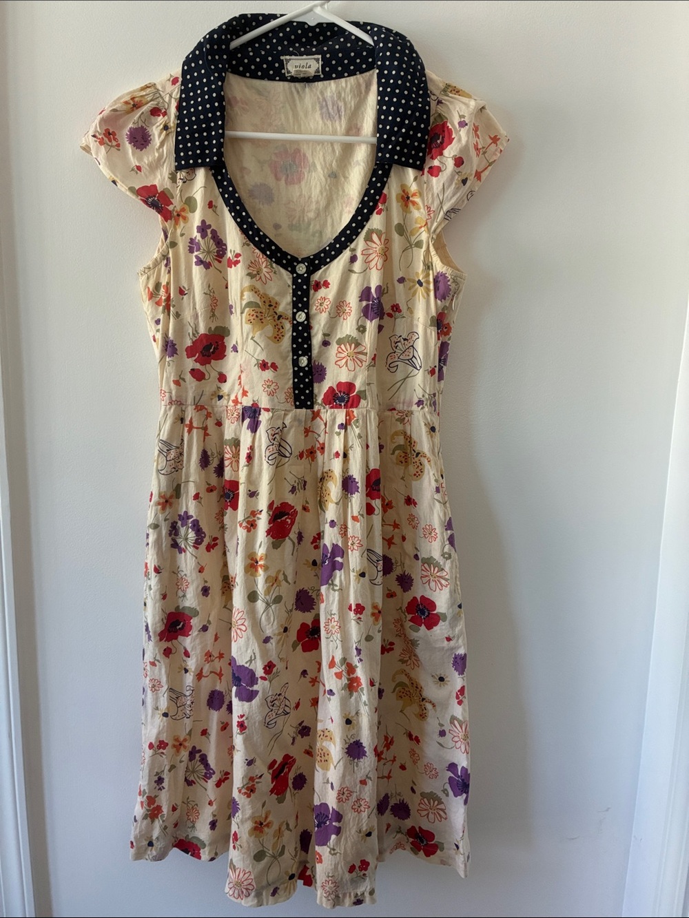 Vintage-Inspired Cream Floral Midi Dress with Polka Dot Trim